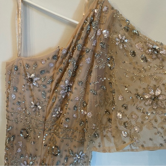 Mac Duggal Embellished One Shoulder Draped Maxi Gown Nude & Silver | Size 8 - Picture 12 of 16